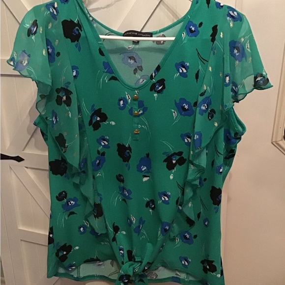 Adrienne Vittadini Green Ruffled Tie Front Blouse - Picture 2 of 6